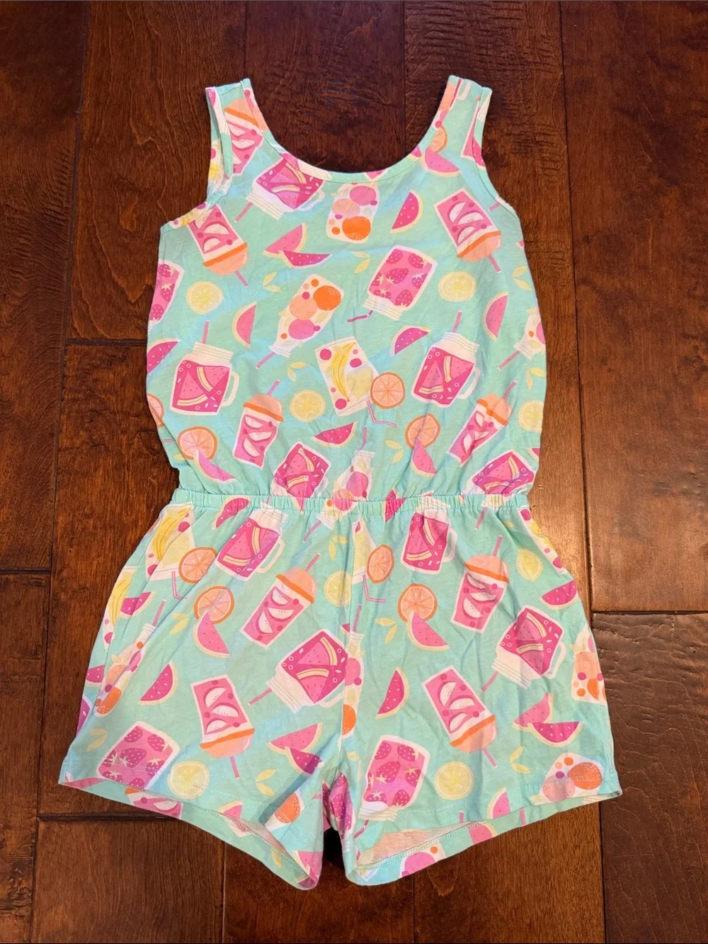 The Children's Place Aqua Romper with Pink Tropical Drink Print